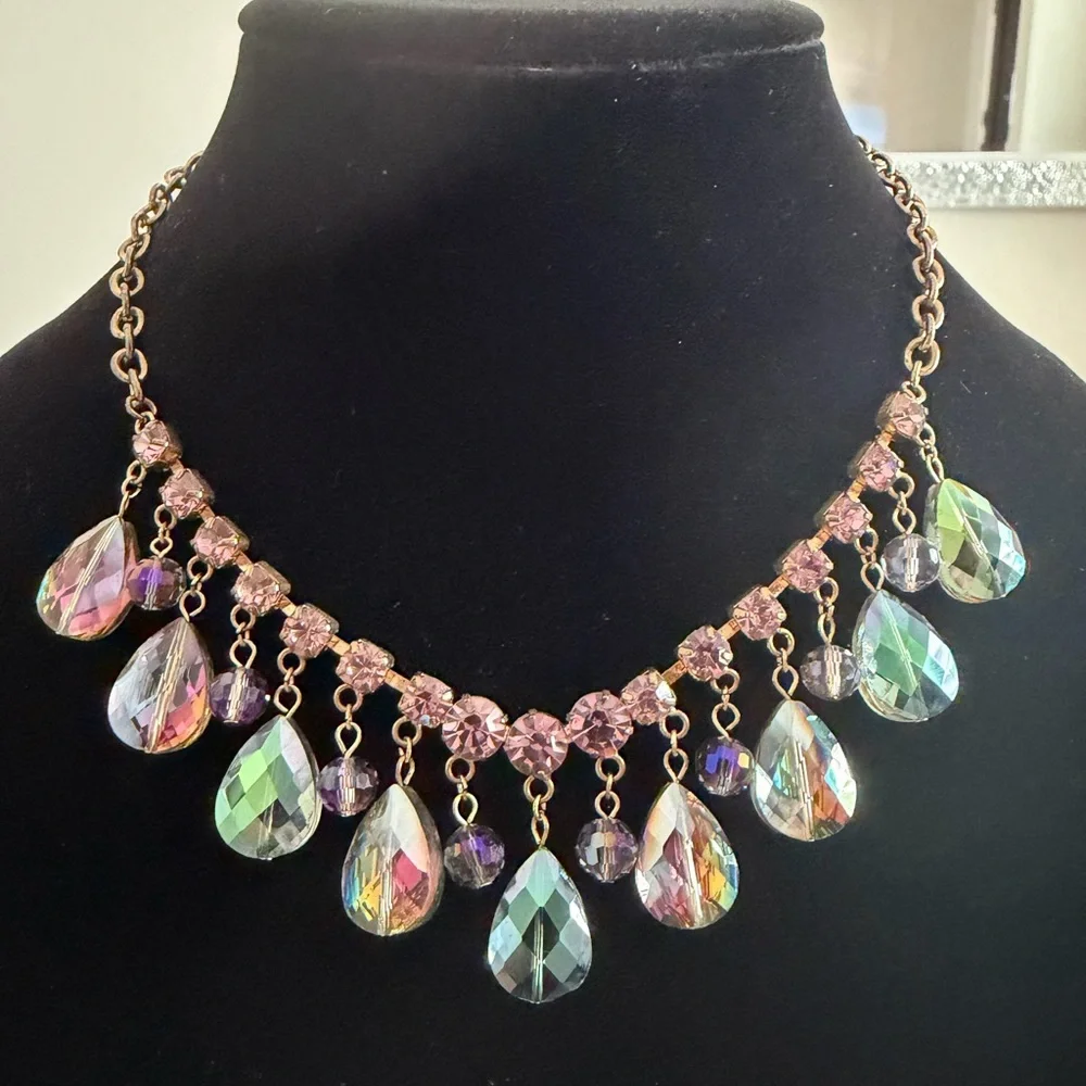 Vintage Purple and Green AB Rhinestone teardrop necklace